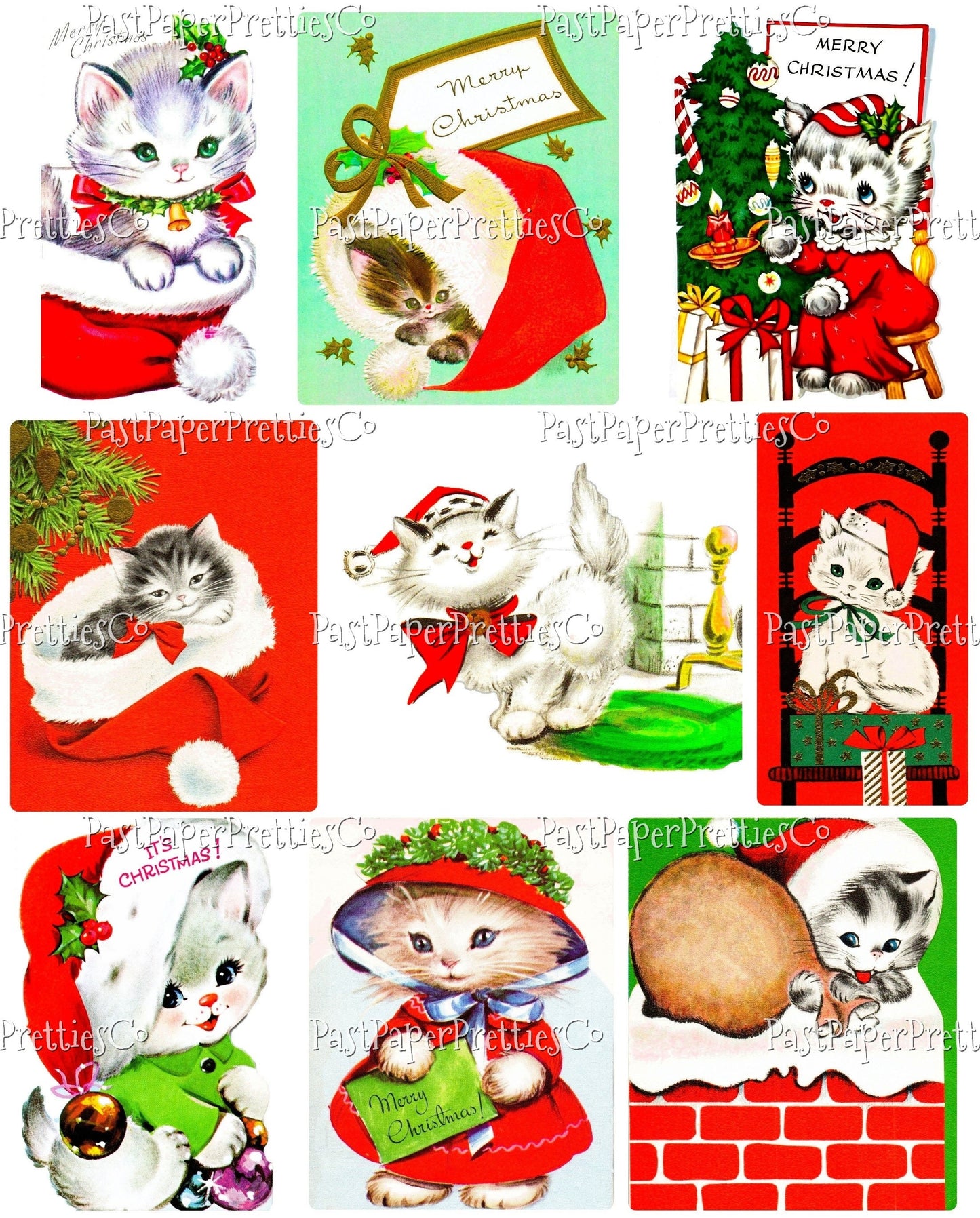 Vintage Printable Christmas Cats in Hats Card Collage Sheets and Full Images  ALL Holiday Kitties PDF Instant Digital Download 2 Sizes