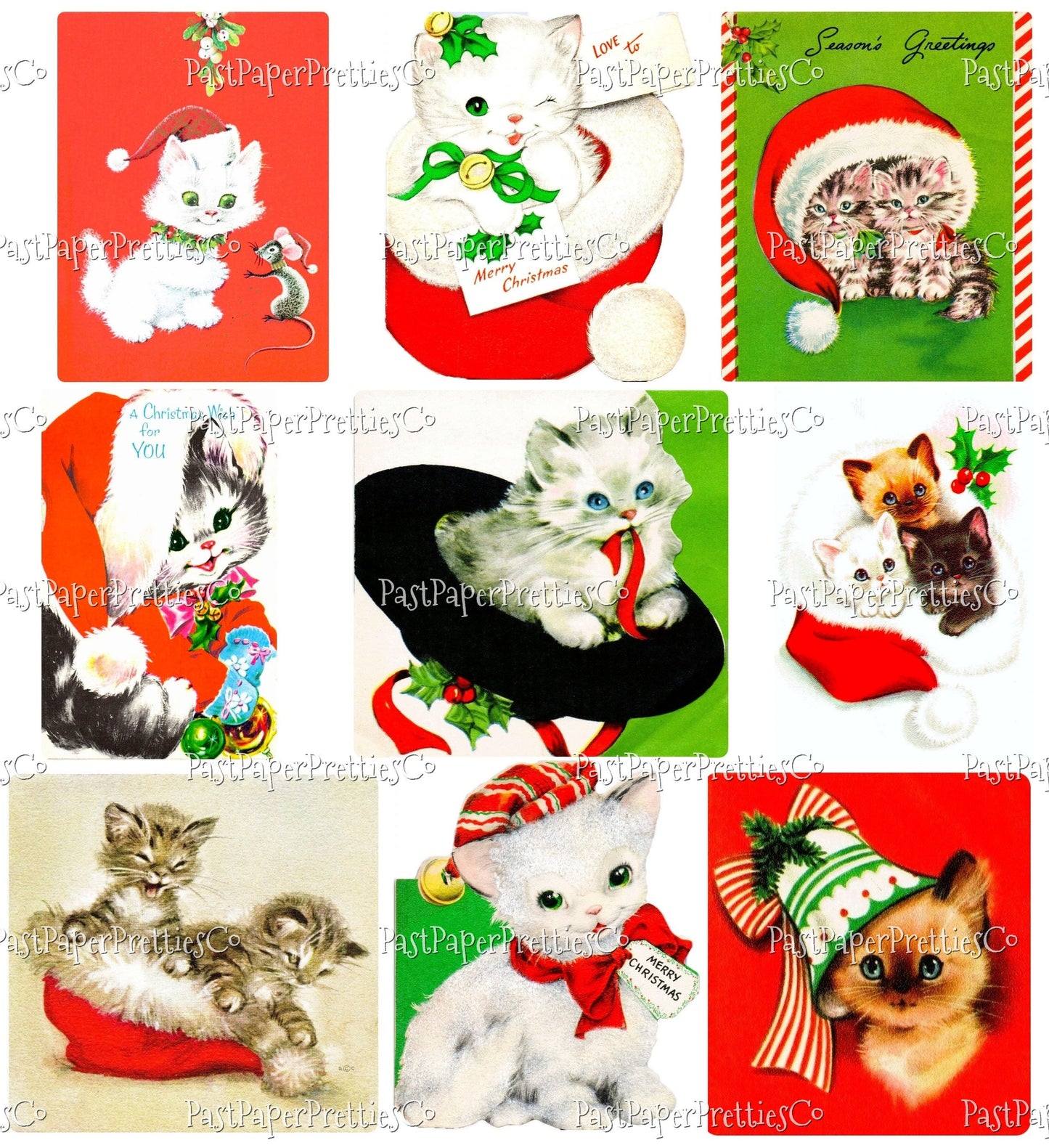 Vintage Printable Christmas Cats in Hats Card Collage Sheets and Full Images  ALL Holiday Kitties PDF Instant Digital Download 2 Sizes