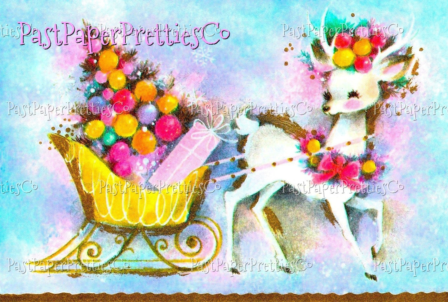 Vintage Mod Christmas Reindeer Pulling Sleigh Card Image Pink Pastels Printable Instant Digital Download Kitsch Mid Century Holiday Clipart