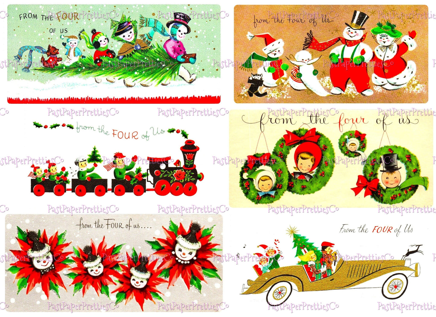 Vintage Printable Christmas Family of 4 From the Four of Us Card Images 3 Sizes Collages Full Cards PDF Instant Digital Download Retro MCM