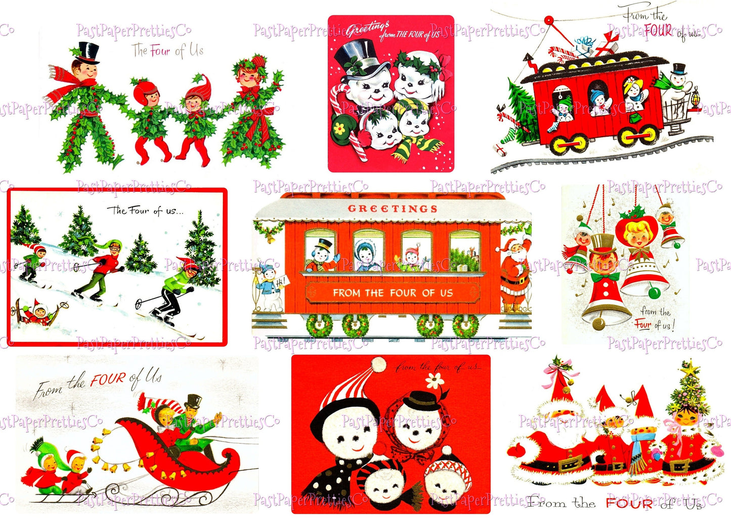 Vintage Printable Christmas Family of 4 From the Four of Us Card Images 3 Sizes Collages Full Cards PDF Instant Digital Download Retro MCM