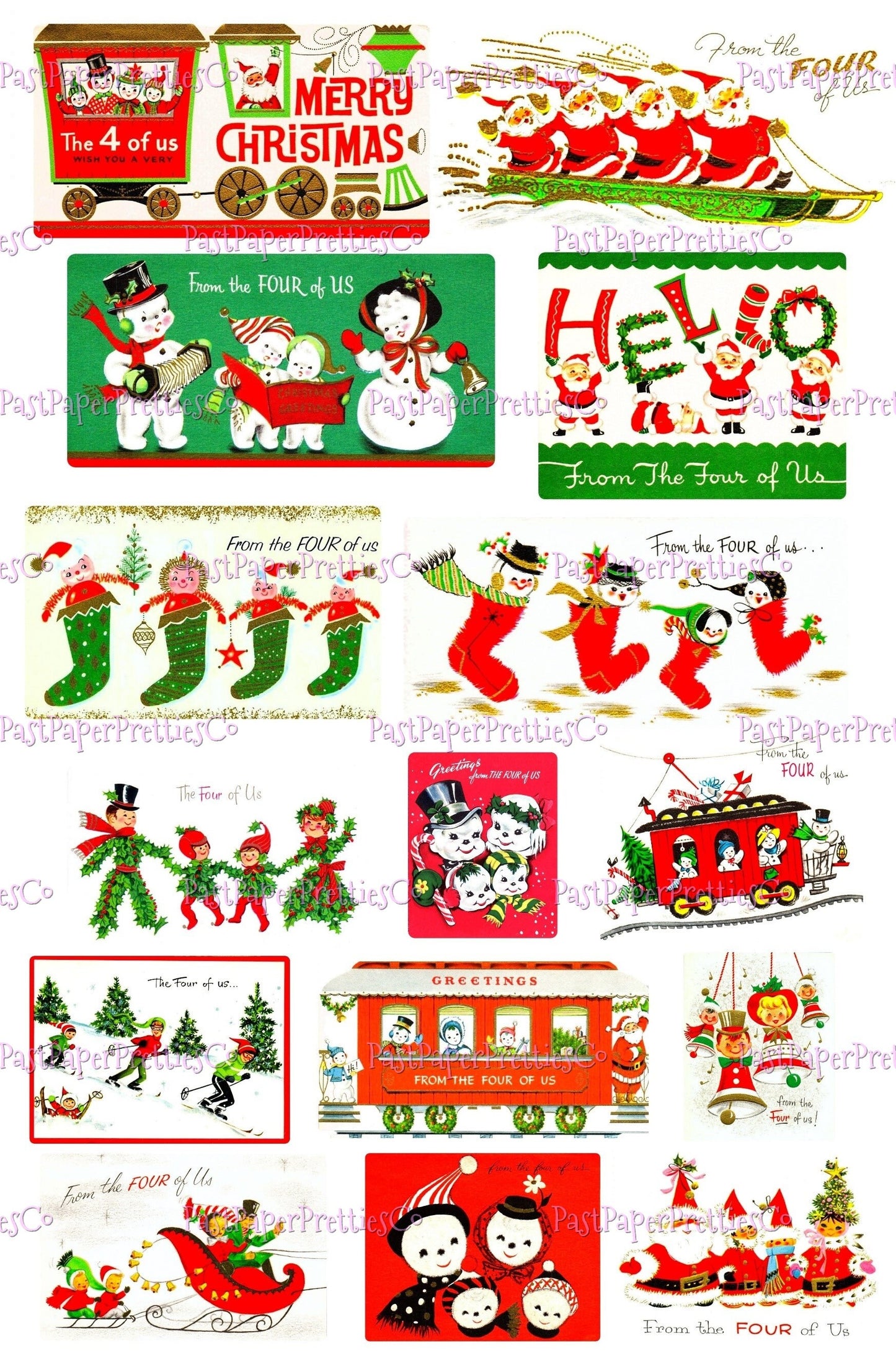 Vintage Printable Christmas Family of 4 From the Four of Us Card Images 3 Sizes Collages Full Cards PDF Instant Digital Download Retro MCM