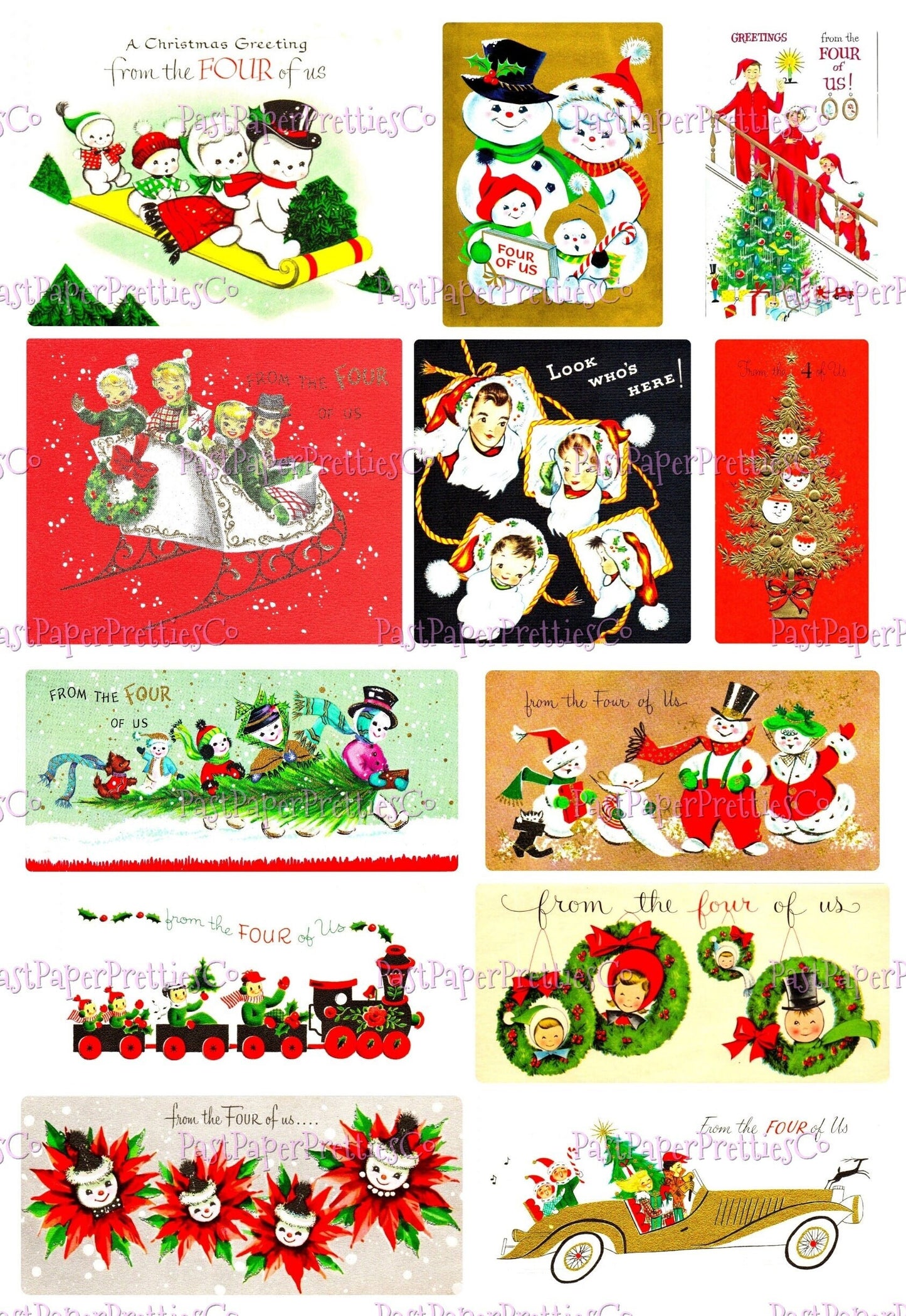 Vintage Printable Christmas Family of 4 From the Four of Us Card Images 3 Sizes Collages Full Cards PDF Instant Digital Download Retro MCM