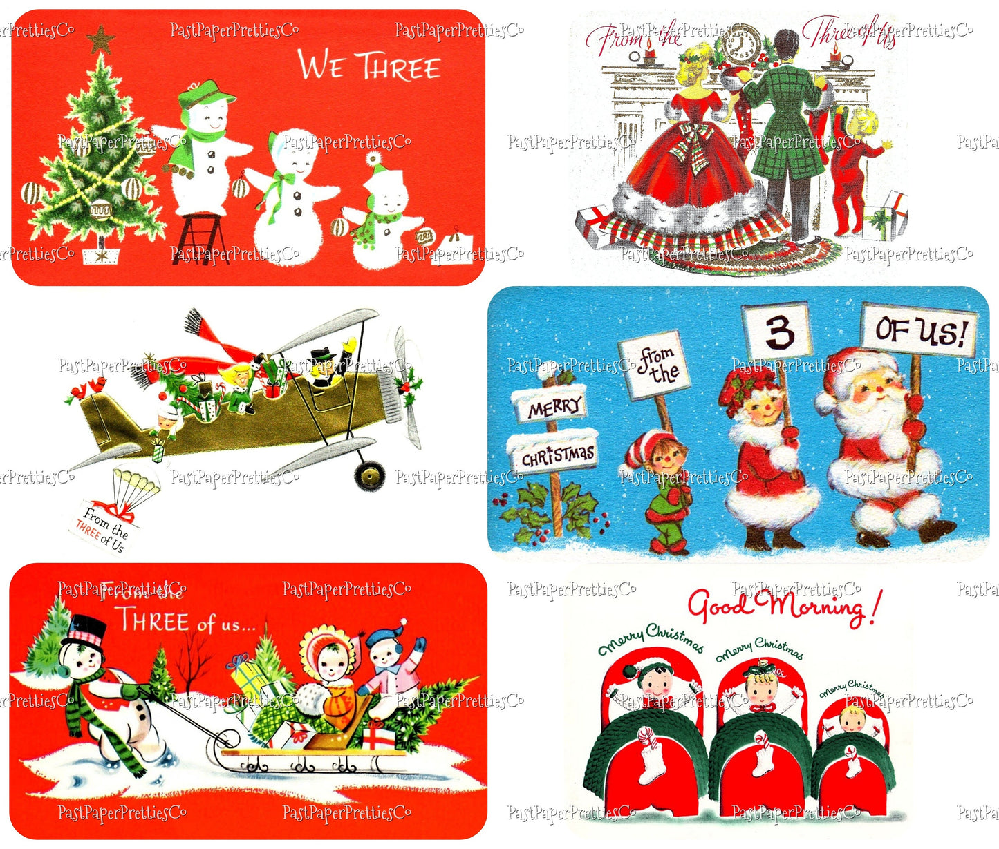 Vintage Printable Christmas Family of 3 From the Three of Us Card Images 2 Sizes Collages Full Cards PDF Instant Digital Download Retro MCM