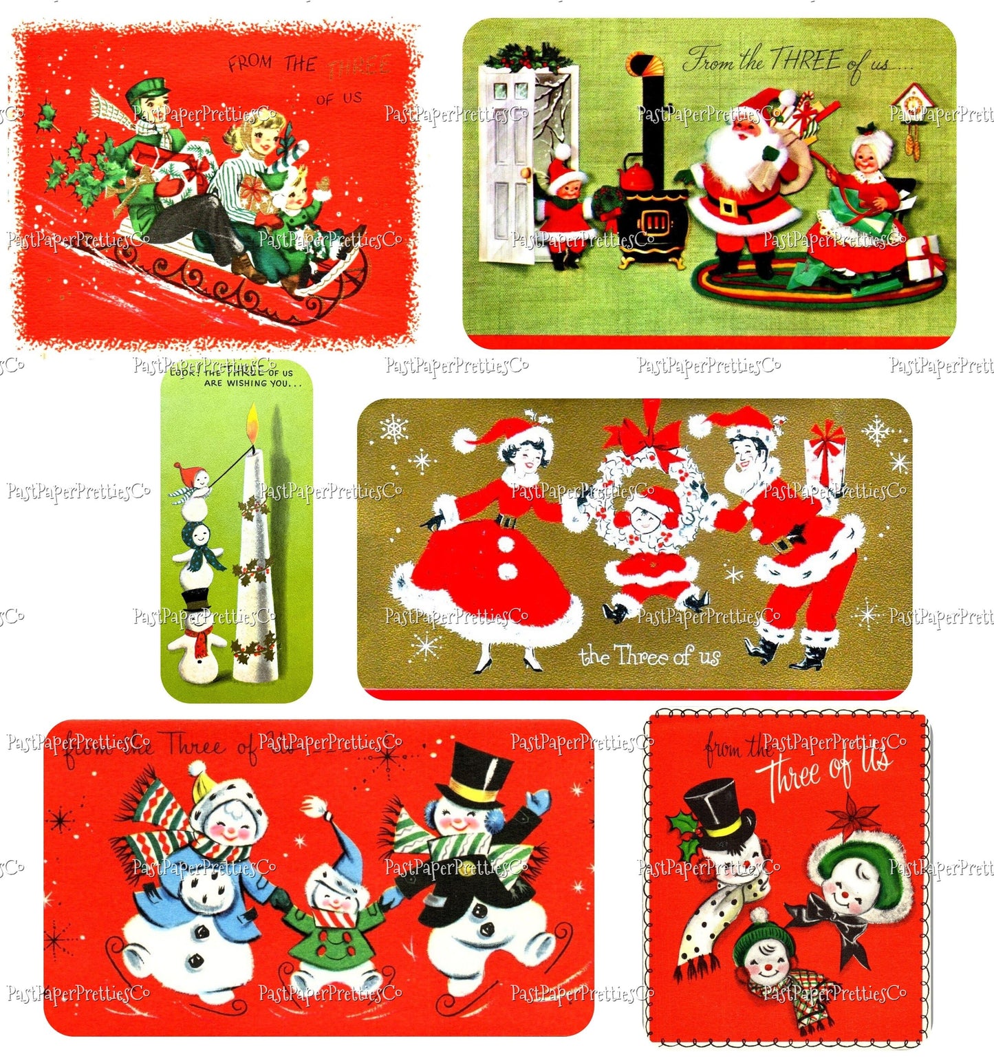 Vintage Printable Christmas Family of 3 From the Three of Us Card Images 2 Sizes Collages Full Cards PDF Instant Digital Download Retro MCM