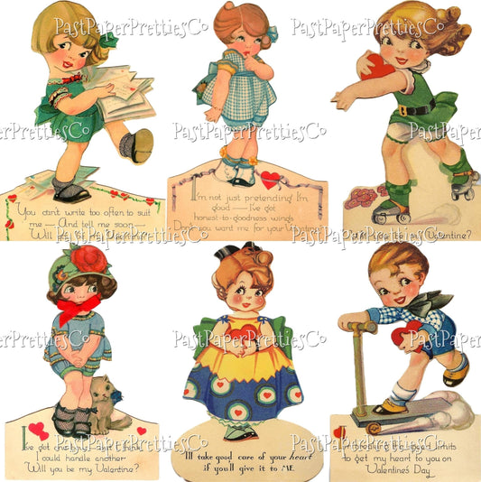 Vintage 1930s Printable Valentines Cute Coy Kids Children Card Images PDF Instant Digital Download Kitsch Kawaii Cute Girls Boy Clip Art