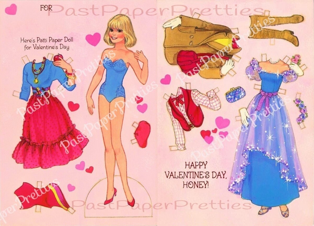 Vintage Valentine Pretty Patti Fashion Paper Doll Folded Printable Card 1980s PDF Instant Digital Download Dress Up Doll and her Clothes