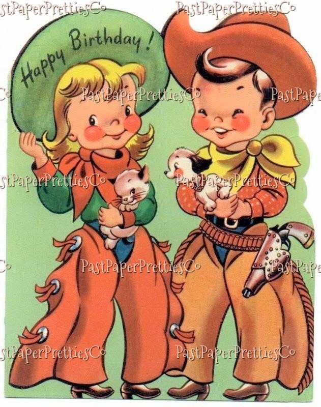 Vintage Printable Cowboy Cowgirl Happy Birthday Collage Sheets Retro Card Western Images PDF Instant Digital Download Clipart 2 Sizes