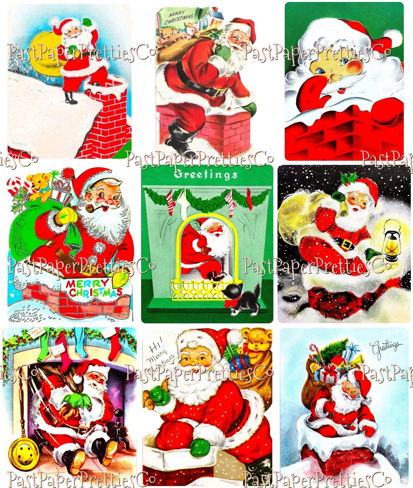 36 Vintage Christmas Santa Claus Chimney Collages and Full Size Card Images PDF Instant Digital Download MCM Xmas Rooftop Fireplace Clipart