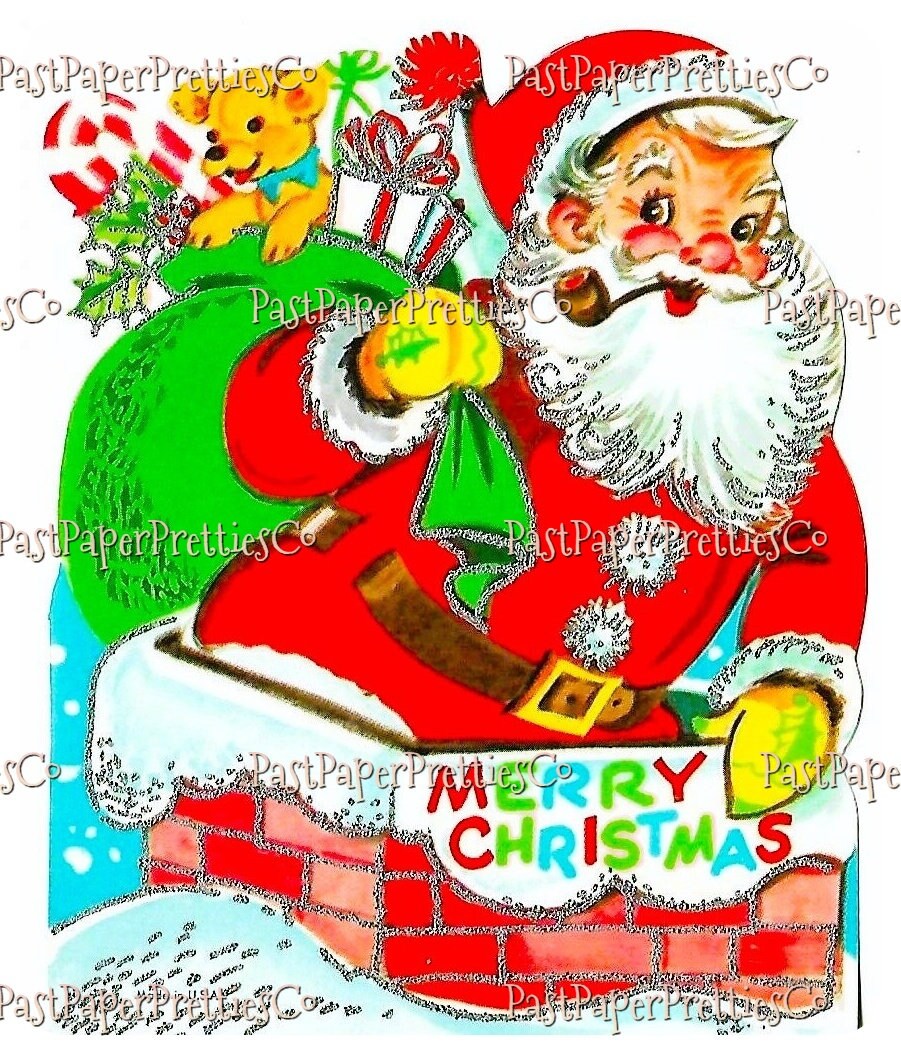 36 Vintage Christmas Santa Claus Chimney Collages and Full Size Card Images PDF Instant Digital Download MCM Xmas Rooftop Fireplace Clipart