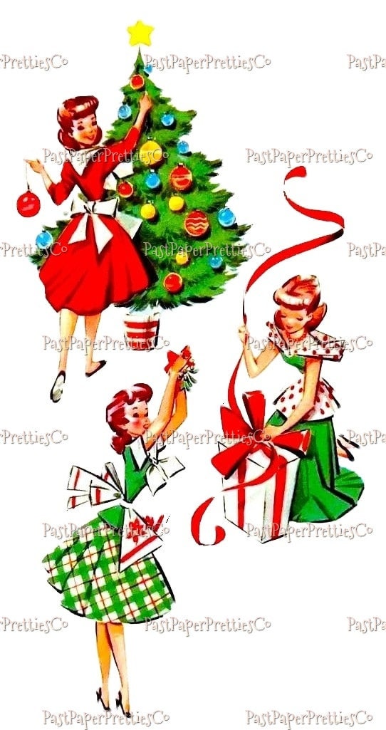 Vintage Happy Holiday Housewives Retro Christmas Ladies Card Image PDF Instant Digital Download Kitsch Mid Century Homemaker Clipart