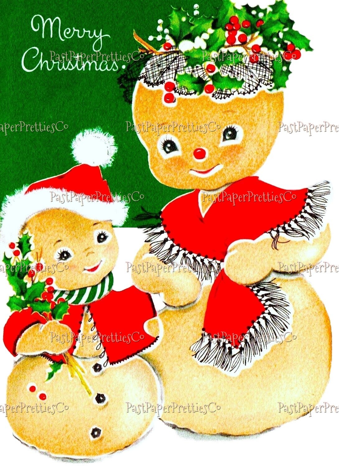 Vintage Adorable Gingerbread Mom and Boy Christmas Card Image Instant Digital Download Kitsch Mid Century Holiday Clipart JPG PNG