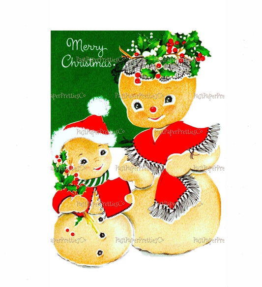 Vintage Adorable Gingerbread Mom and Boy Christmas Card Image Instant Digital Download Kitsch Mid Century Holiday Clipart JPG PNG