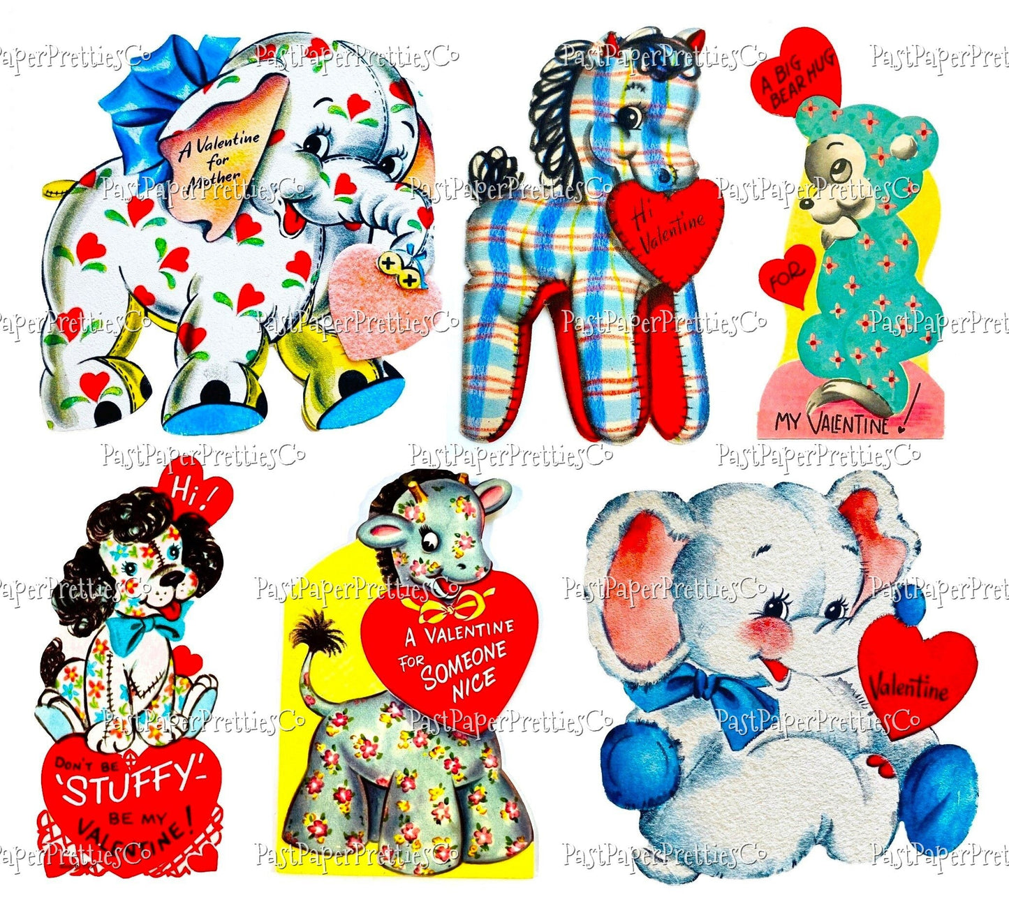 Vintage Soft Toy Valentines Day Cards Stuffed Animals Plushie Themed Collage Sheets Printable PDF Instant Digital Download 24 Images 2 Sizes