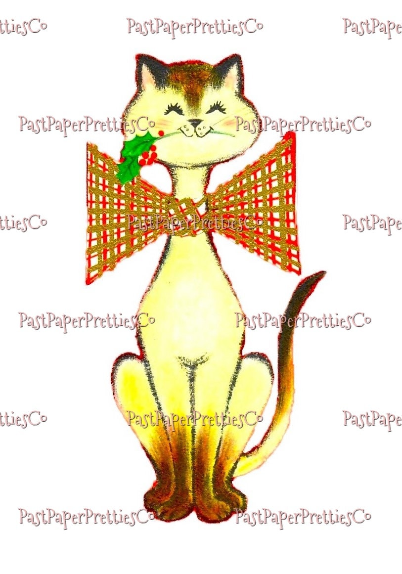 Vintage Printable Cute MCM Mod Kitty Cats Card Image Polka Dots Snowflakes PDF Instant Digital Download Retro Kitsch Atomic Holiday Clipart