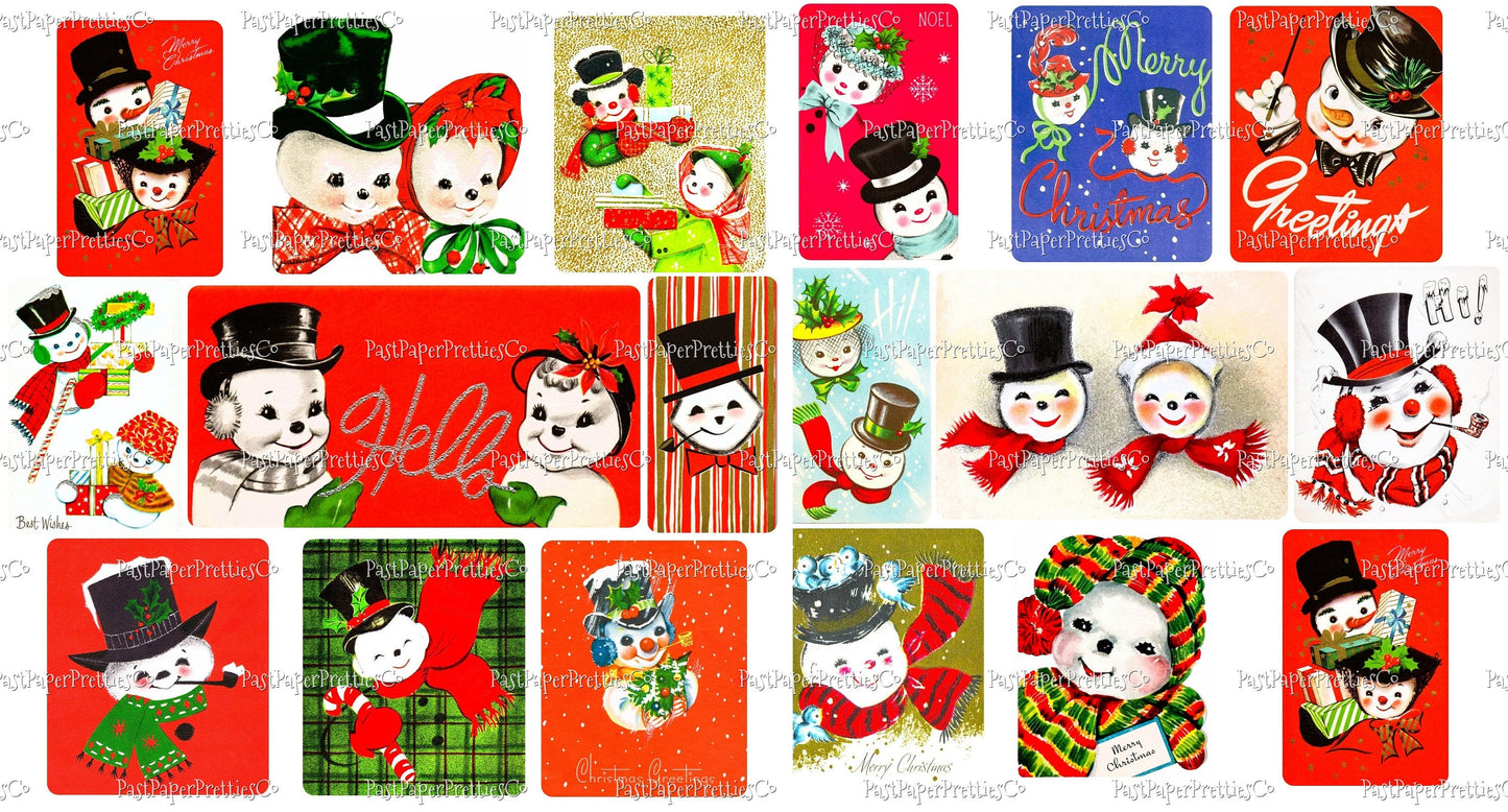 18 Vintage Christmas Jolly Snowman Faces Portraits Collage and Full Card Images PDF Instant Digital Download MCM Xmas Snow People Clipart