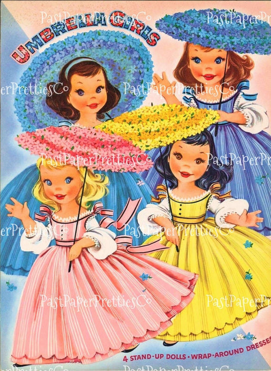 Vintage Paper Dolls Cute Umbrella Girls Printable PDF Instant Digital Download Kitschy Flower Parasol Girls Wrap Around Dresses