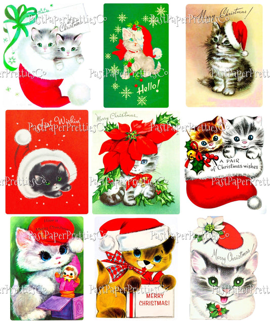 Vintage Printable Christmas Cats in Hats Card Collage Sheets and Full Images  ALL Holiday Kitties PDF Instant Digital Download 2 Sizes