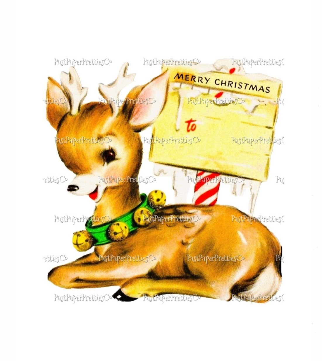 Vintage Christmas Printable Cute Reindeer Deer with Sign Card Image Instant Digital Download Kitsch Woodland Forest Friend JPG PNG