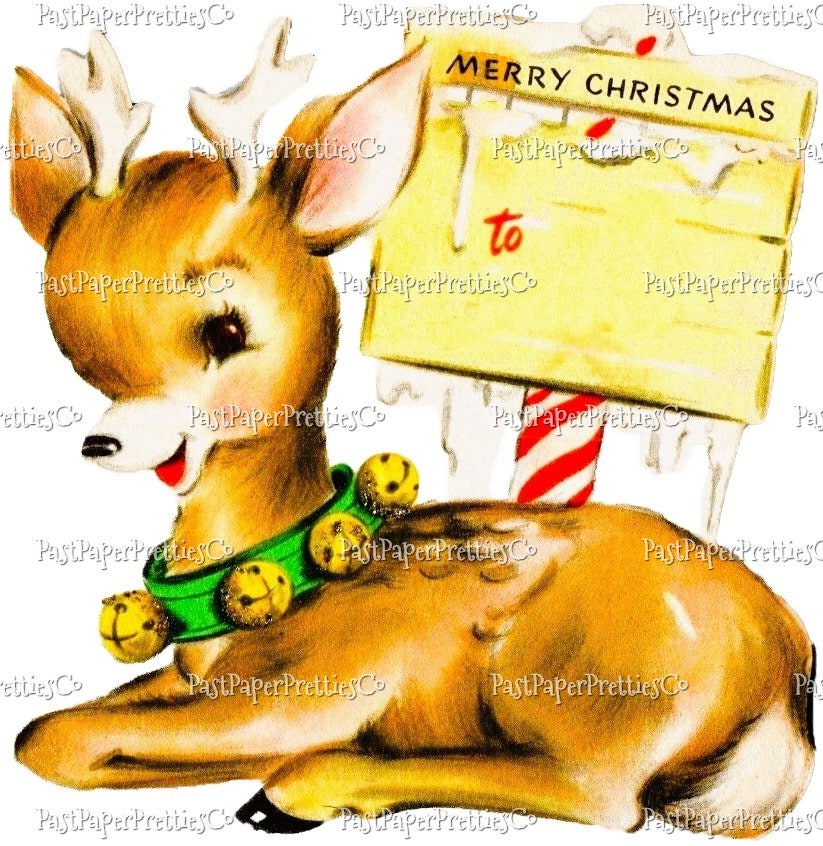 Vintage Christmas Printable Cute Reindeer Deer with Sign Card Image Instant Digital Download Kitsch Woodland Forest Friend JPG PNG