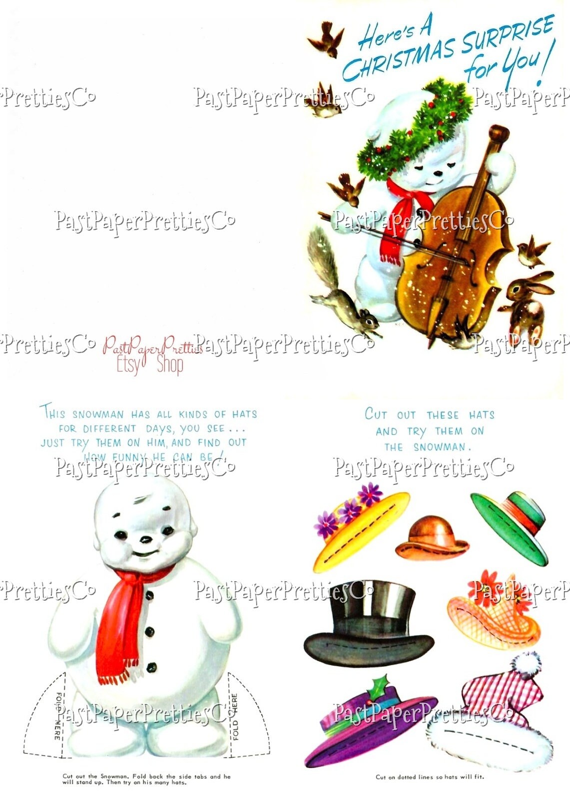 Vintage Snowman and His Hats Paper Doll Printable Christmas Card PDF Instant Digital Download Festive Holiday Clipart