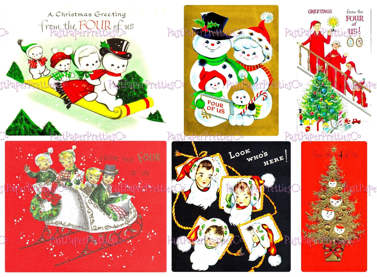 Vintage Printable Christmas Family of 4 From the Four of Us Card Images 3 Sizes Collages Full Cards PDF Instant Digital Download Retro MCM