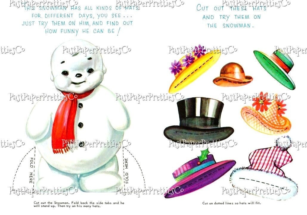 Vintage Snowman and His Hats Paper Doll Printable Christmas Card PDF Instant Digital Download Festive Holiday Clipart