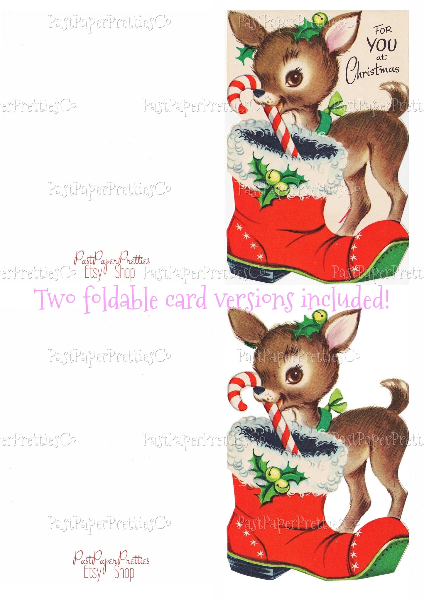 Vintage Printable Cute Reindeer Deer Christmas Money Card Image Santa Loot Boot Instant Digital Download Kitsch Woodland Forest Friend