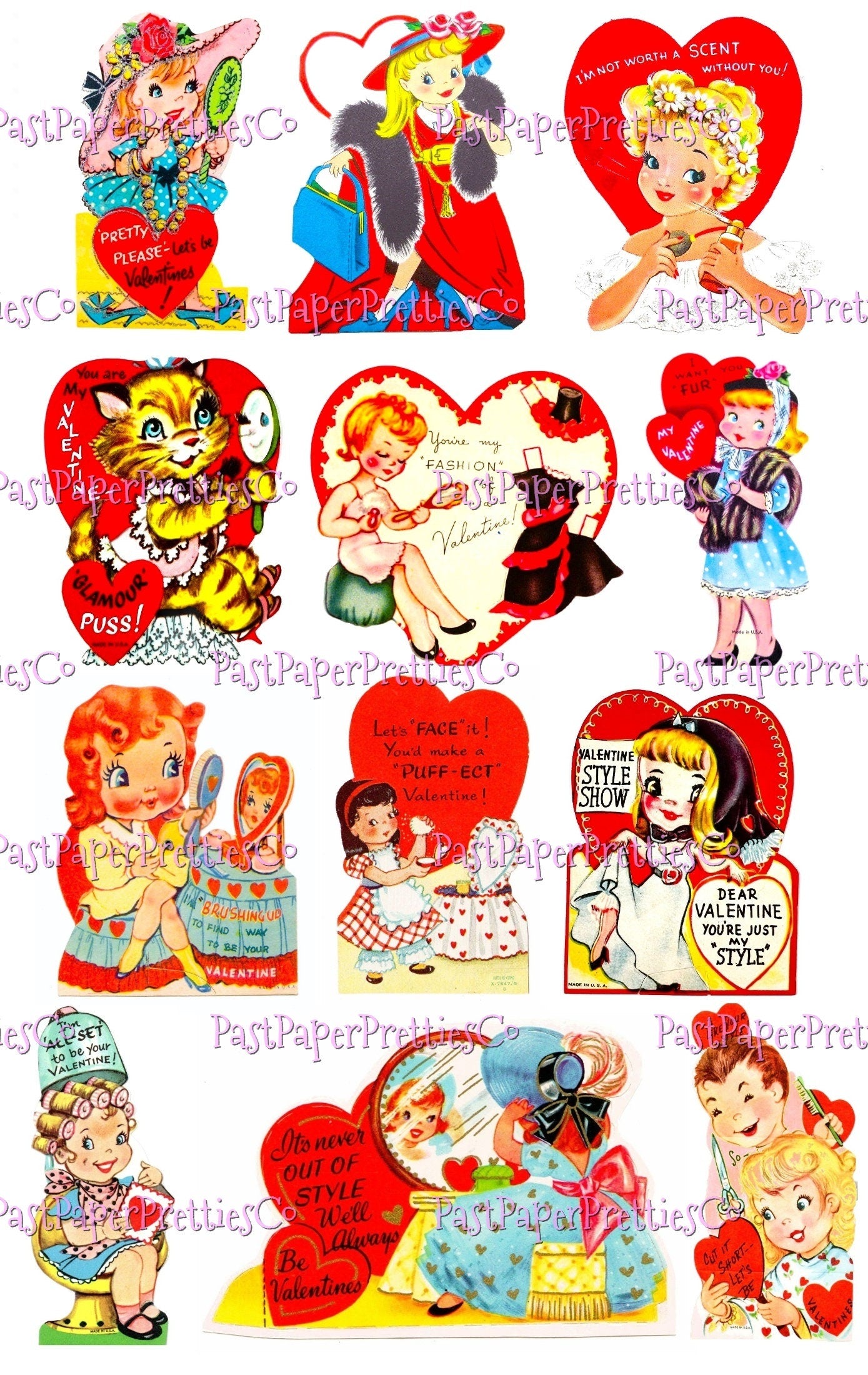Vintage Printable Valentine Ladies Girly Glam Beauty Fashion Self Care Themed Cards Collage Sheets PDF Instant Digital Download 24 Designs