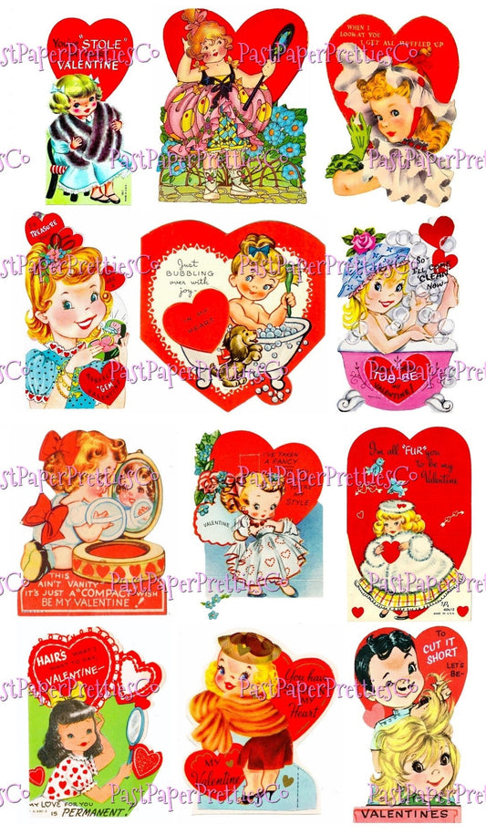 Vintage Printable Valentine Ladies Girly Glam Beauty Fashion Self Care Themed Cards Collage Sheets PDF Instant Digital Download 24 Designs