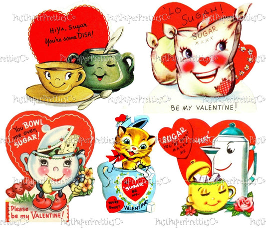 Vintage Printable Valentines Day Cards Sweet Sugar Bowls Theme Collage Sheets PDF Instant Digital Download Retro Valentines JPEG PNG