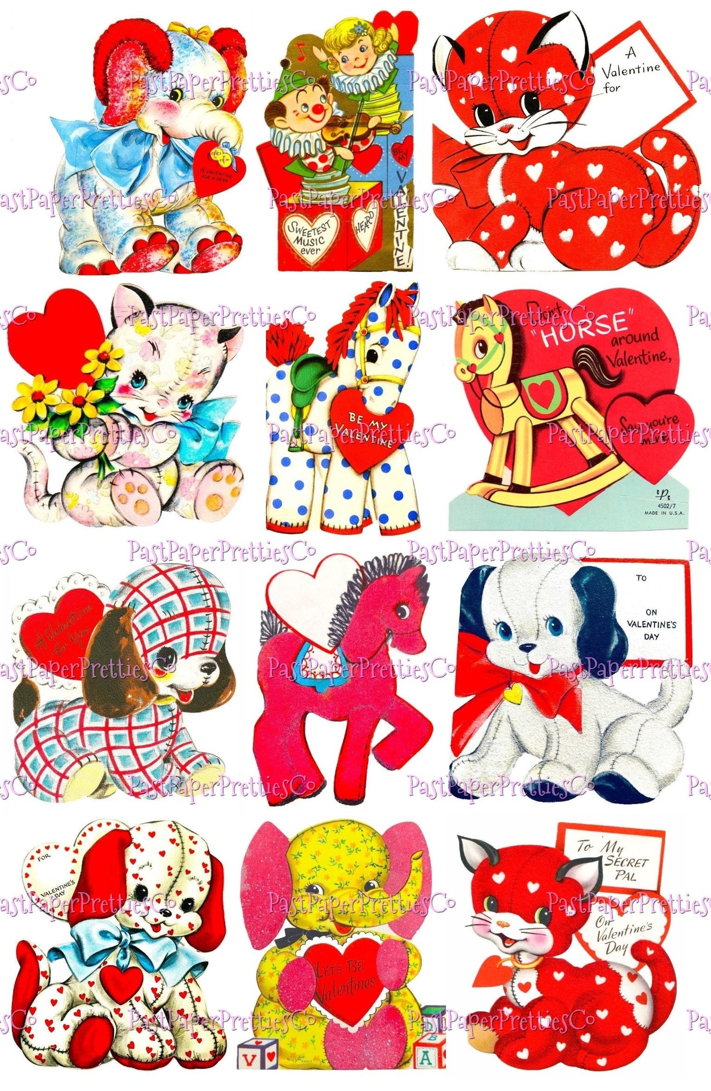 Vintage Soft Toy Valentines Day Cards Stuffed Animals Plushie Themed Collage Sheets Printable PDF Instant Digital Download 24 Images 2 Sizes