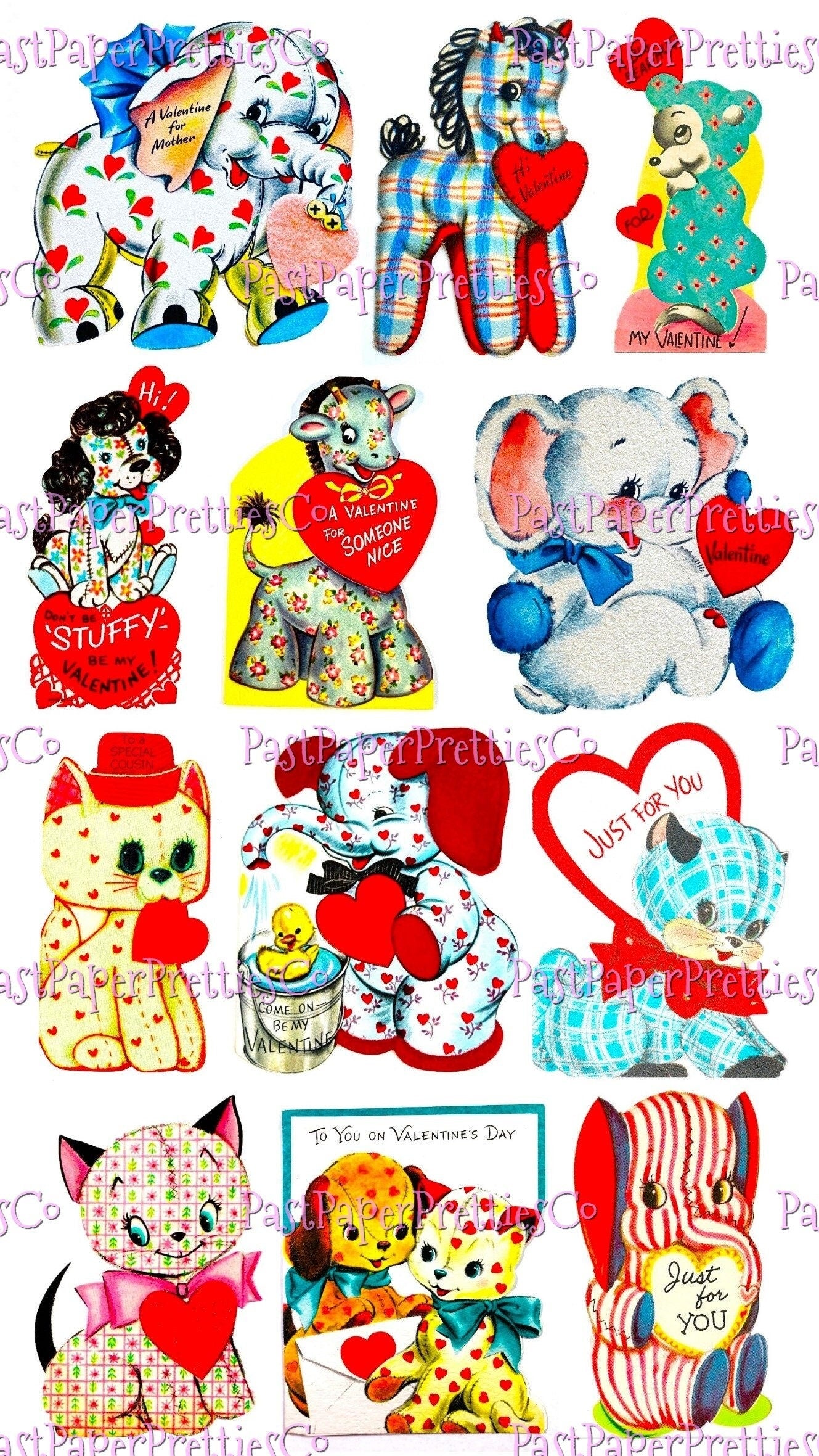 Vintage Soft Toy Valentines Day Cards Stuffed Animals Plushie Themed Collage Sheets Printable PDF Instant Digital Download 24 Images 2 Sizes