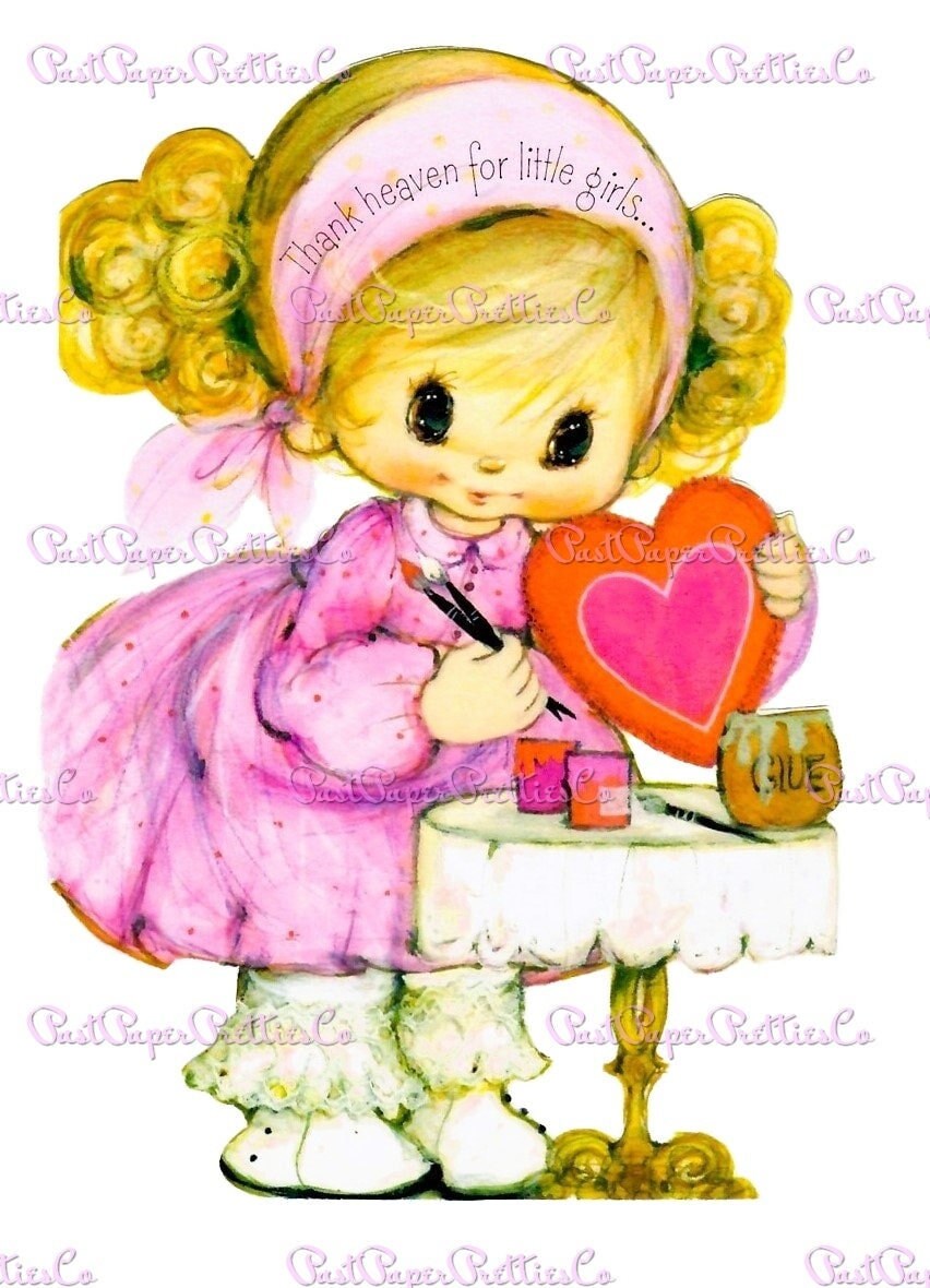 Vintage Printable Valentine Cute Little Girl Making A Card Image 1970s PDF Instant Digital Download Kawaii Clip Art