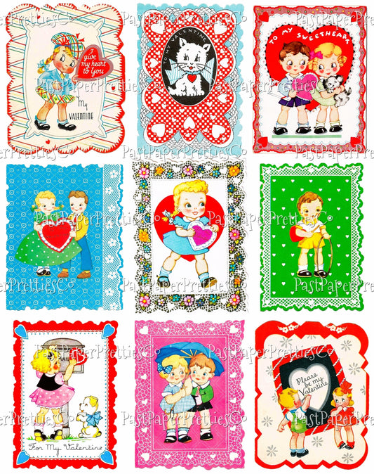 18 Vintage Printable Valentine Cards Big Eyed Kids Doily Collage and Single Images PDF Instant Digital Download Hearts & Squares JPEG PNG