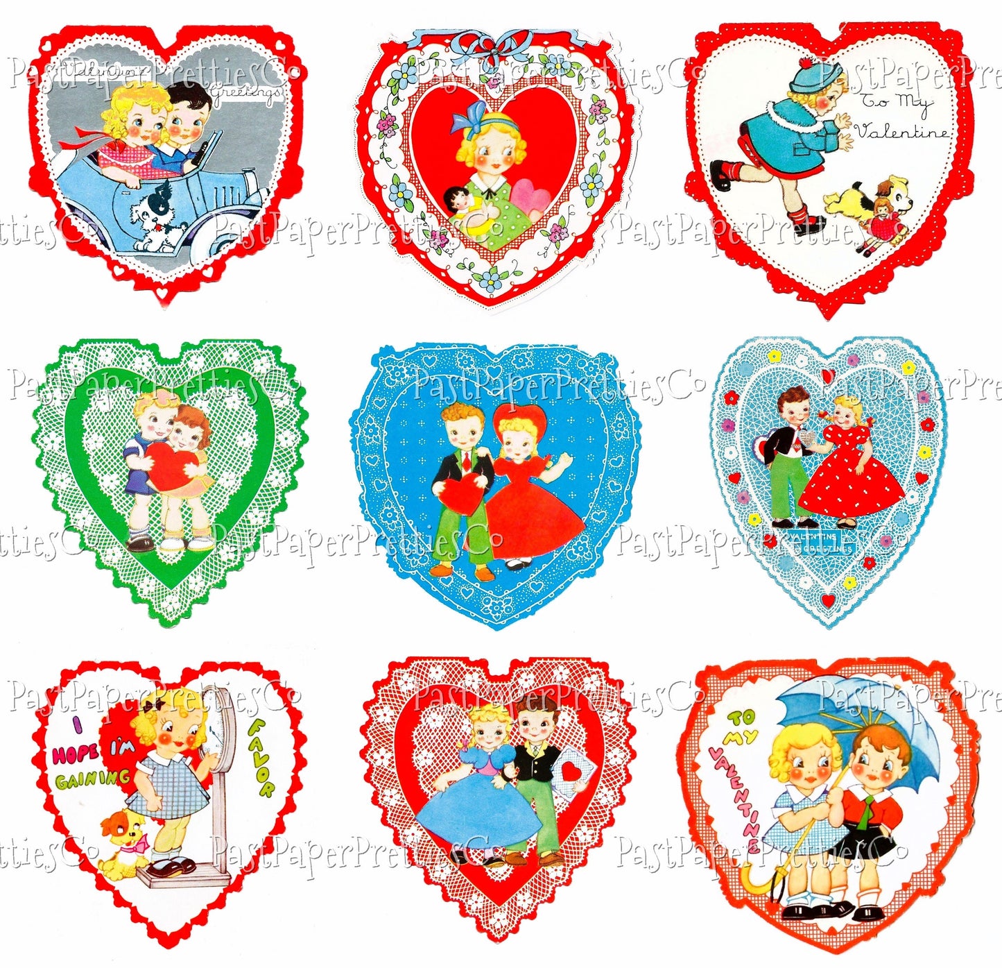 18 Vintage Printable Valentine Cards Big Eyed Kids Doily Collage and Single Images PDF Instant Digital Download Hearts & Squares JPEG PNG