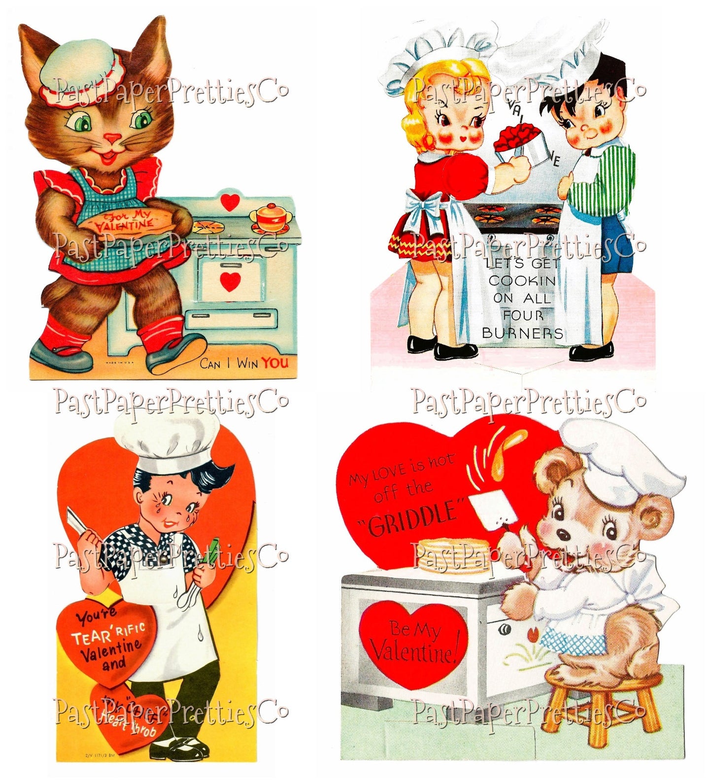 48 Vintage Cooking Valentines Day Cards Cute Chefs Bakers Baking Collage Sheets Printable PDF Instant Digital Download Retro Kitchen Themed