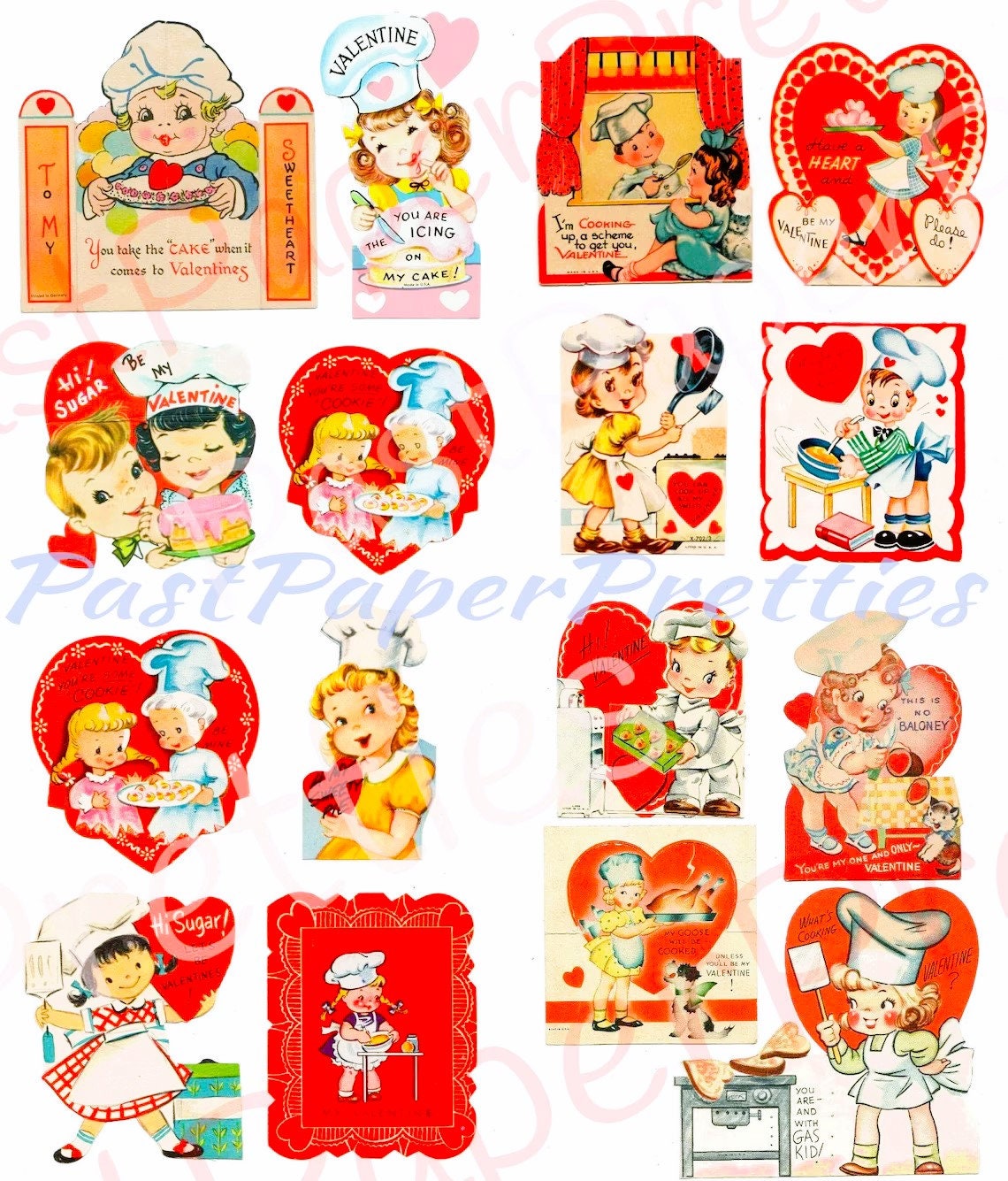 48 Vintage Cooking Valentines Day Cards Cute Chefs Bakers Baking Collage Sheets Printable PDF Instant Digital Download Retro Kitchen Themed