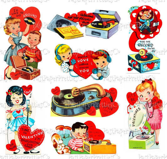 Vintage Printable Valentines Retro Record Player Radio Music Themed Cards Collage Sheets PDF Instant Digital Download 25 Designs