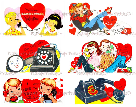 52 Vintage Telephone Valentines Day Cards All Retro Phone Themed Collage Sheets Printable PDF Instant Digital Download