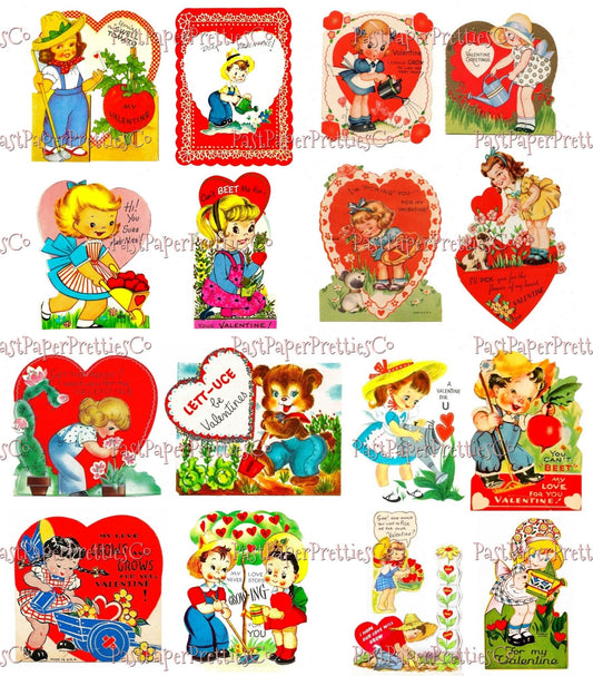 Vintage Printable Valentines Day Cards 16 Cute Little Gardening Girls Boys Animals Collage Sheets PDF Instant Digital Download Garden Themed