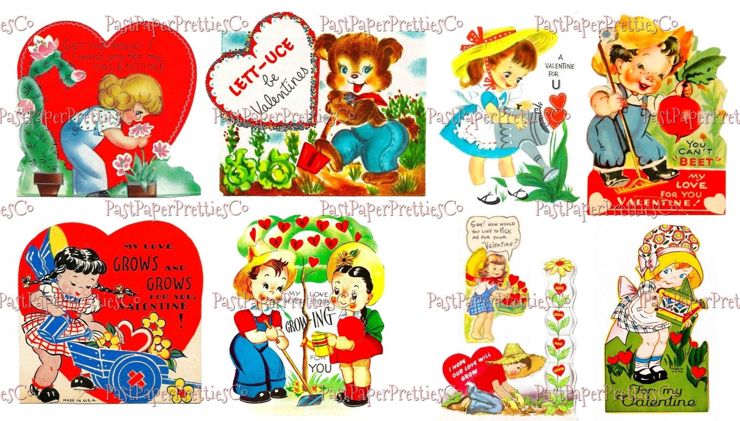 Vintage Printable Valentines Day Cards 16 Cute Little Gardening Girls Boys Animals Collage Sheets PDF Instant Digital Download Garden Themed