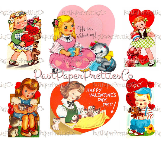 60 Vintage Printable Kids with Pets Valentine Cards Collage Sheets PDF Instant Digital Download Retro Boys Girls Animal Themed Images