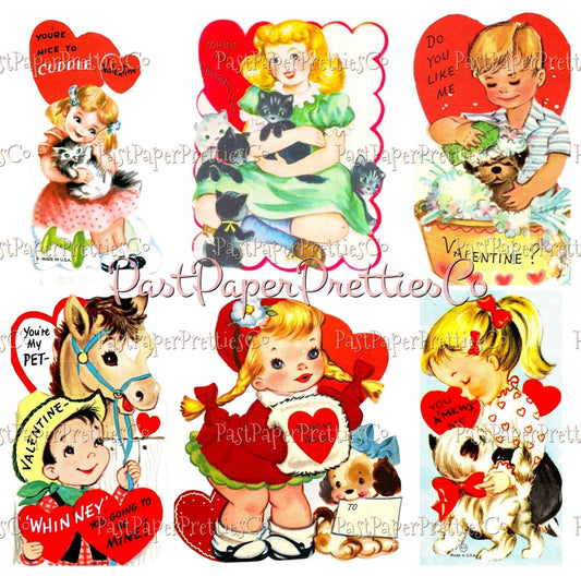 Vintage Printable Kids with Pets Valentines Day Cards Collage Sheets PDF Instant Digital Download Retro Boys Girls Animal Themed 60 Images
