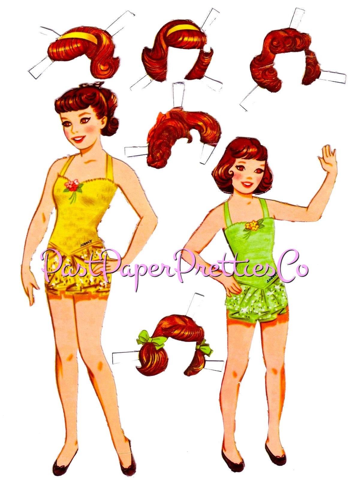 Vintage Paper Dolls Hair-Do Dolls Printable PDF Instant Digital Download 2 Teenage Dolls Clothes Hairstyles 1950s Clip Art