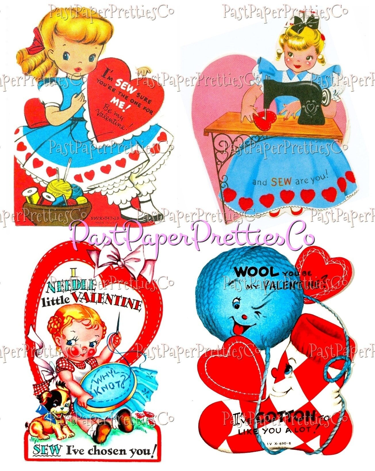 35 Vintage Printable Valentines Day Cards Needlework Cuties Collages PDF Instant Digital Download Knitting Crochet Sewing Quilting Themed