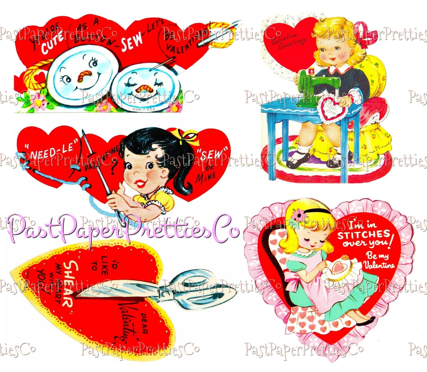 35 Vintage Printable Valentines Day Cards Needlework Cuties Collages PDF Instant Digital Download Knitting Crochet Sewing Quilting Themed