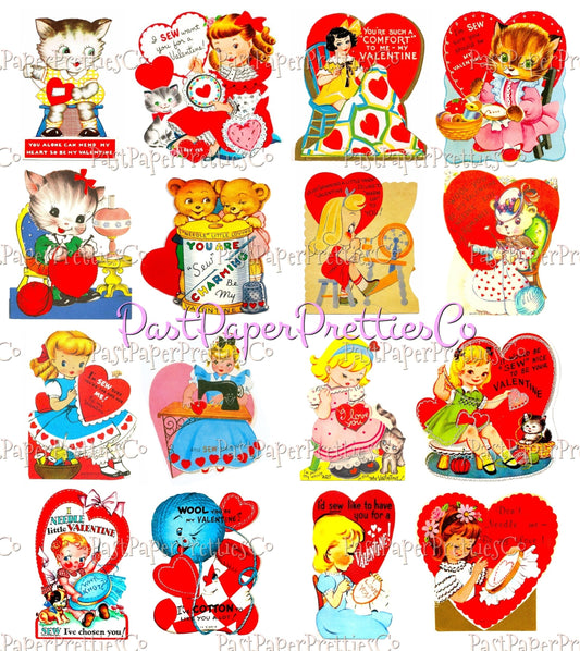 35 Vintage Printable Valentines Day Cards Needlework Cuties Collages PDF Instant Digital Download Knitting Crochet Sewing Quilting Themed