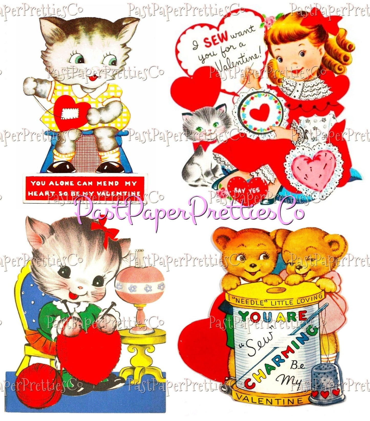 35 Vintage Printable Valentines Day Cards Needlework Cuties Collages PDF Instant Digital Download Knitting Crochet Sewing Quilting Themed