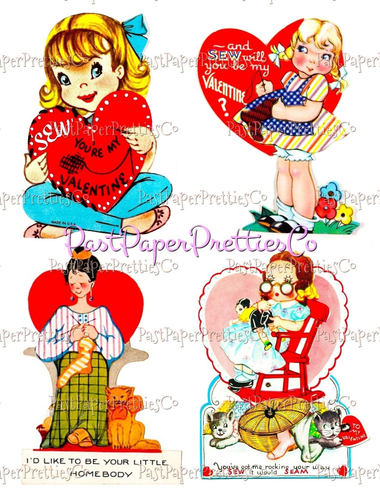 35 Vintage Printable Valentines Day Cards Needlework Cuties Collages PDF Instant Digital Download Knitting Crochet Sewing Quilting Themed